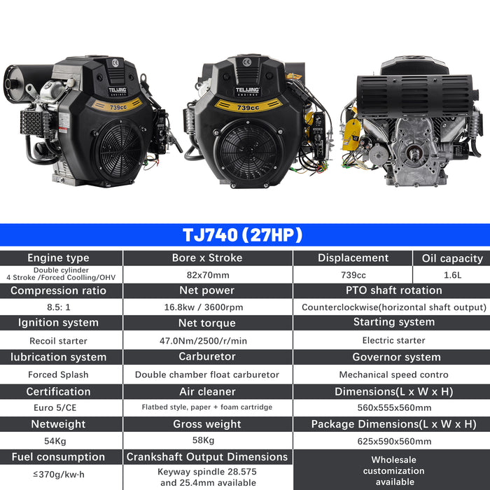 OHV 27 hp 739cc with EPA Certification, Twin Cylinder Gasoline Engine 4 Stroke Petrol Motor 1.6 L Oil Capacity Gasoline Engine.