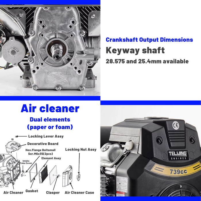 OHV 27 hp 739cc with EPA Certification, Twin Cylinder Gasoline Engine 4 Stroke Petrol Motor 1.6 L Oil Capacity Gasoline Engine.