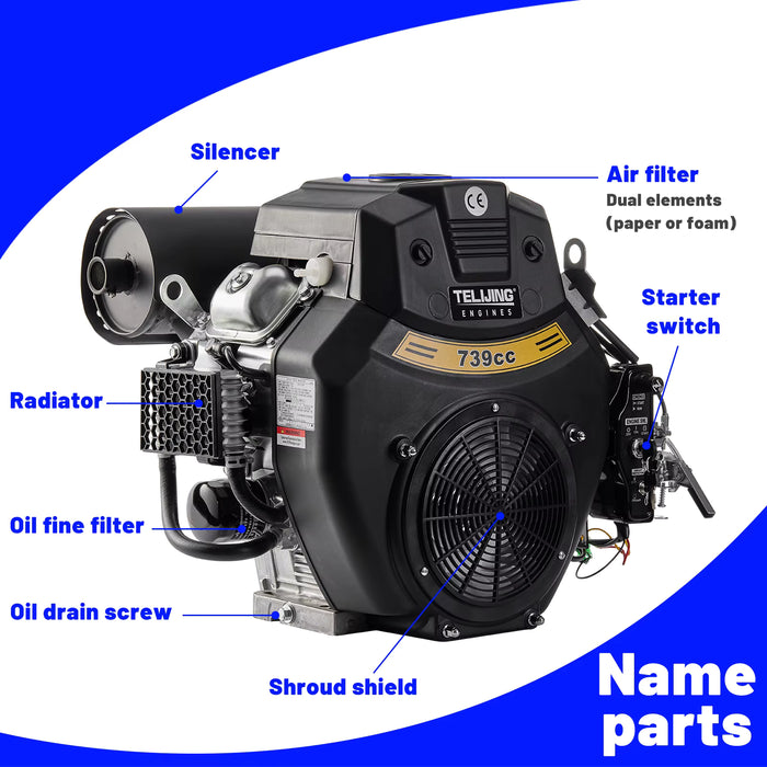 OHV 27 hp 739cc with EPA Certification, Twin Cylinder Gasoline Engine 4 Stroke Petrol Motor 1.6 L Oil Capacity Gasoline Engine.