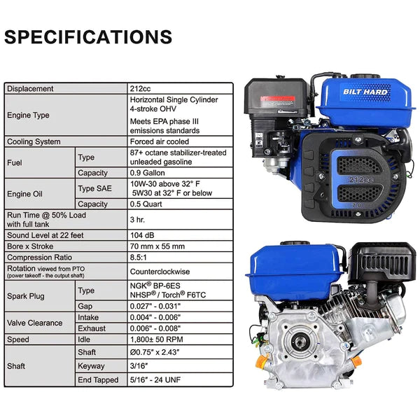 BILT HARD 7HP Gas Engine Horizontal Shaft, 212cc 4 Stroke OHV Industrial Grade Replacement Gas Motor, Shaft 3/4"